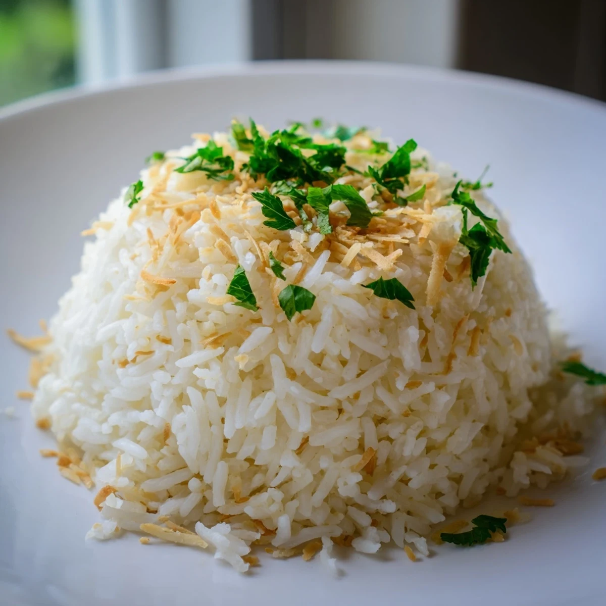 Steaming bowl of fluffy coconut rice served alongside a rich Thai curry