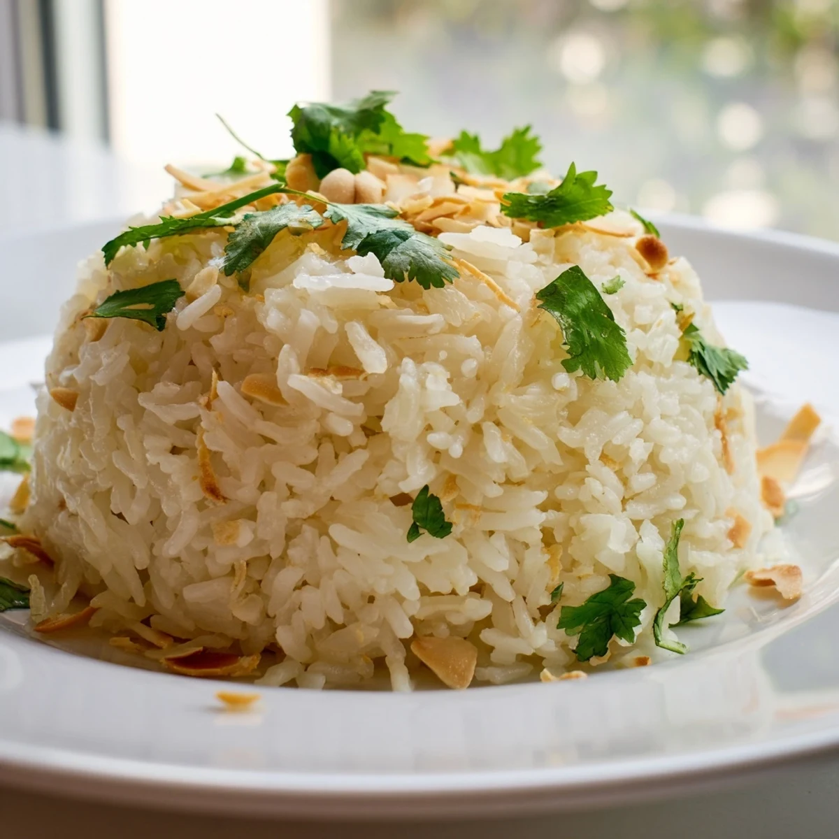 Creamy coconut rice garnished with fresh cilantro and toasted coconut flakes