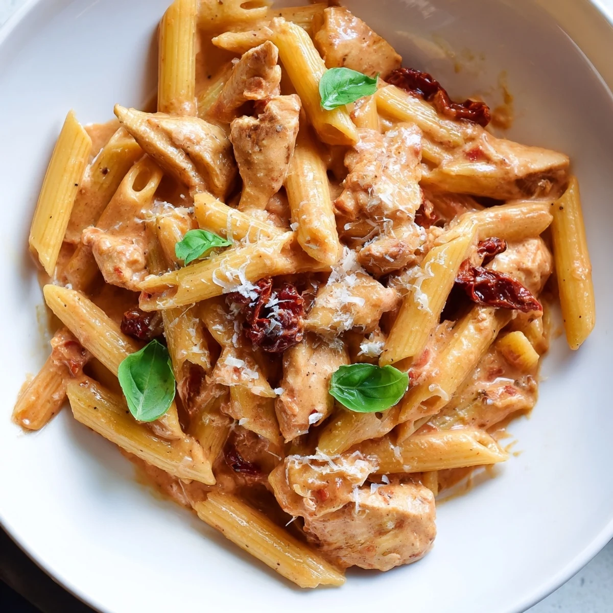 Creamy Copycat Sun Dried Tomato Marry Me Chicken Pasta topped with fresh basil and Parmesan