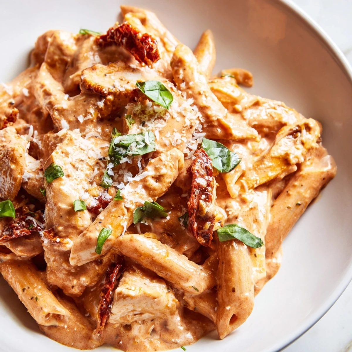 Golden seared chicken slices nestled in Copycat Sun Dried Tomato Marry Me Chicken Pasta sauce