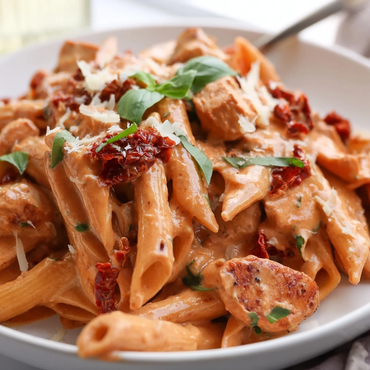 Steaming bowl of Copycat Sun Dried Tomato Marry Me Chicken Pasta with rich velvety cream sauce