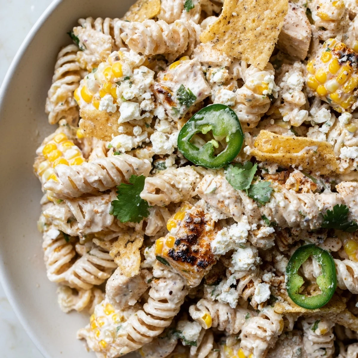 A creamy bowl of Elote Style Mexican Street Corn Chicken Pasta Salad topped with crushed tortilla chips