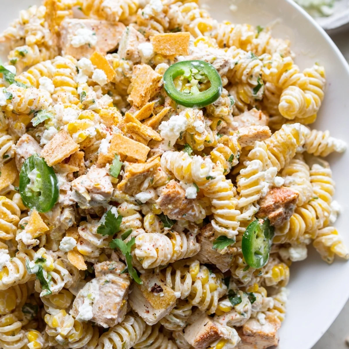 Colorful Elote Style Mexican Street Corn Chicken Pasta Salad loaded with charred corn and crumbled cotija cheese