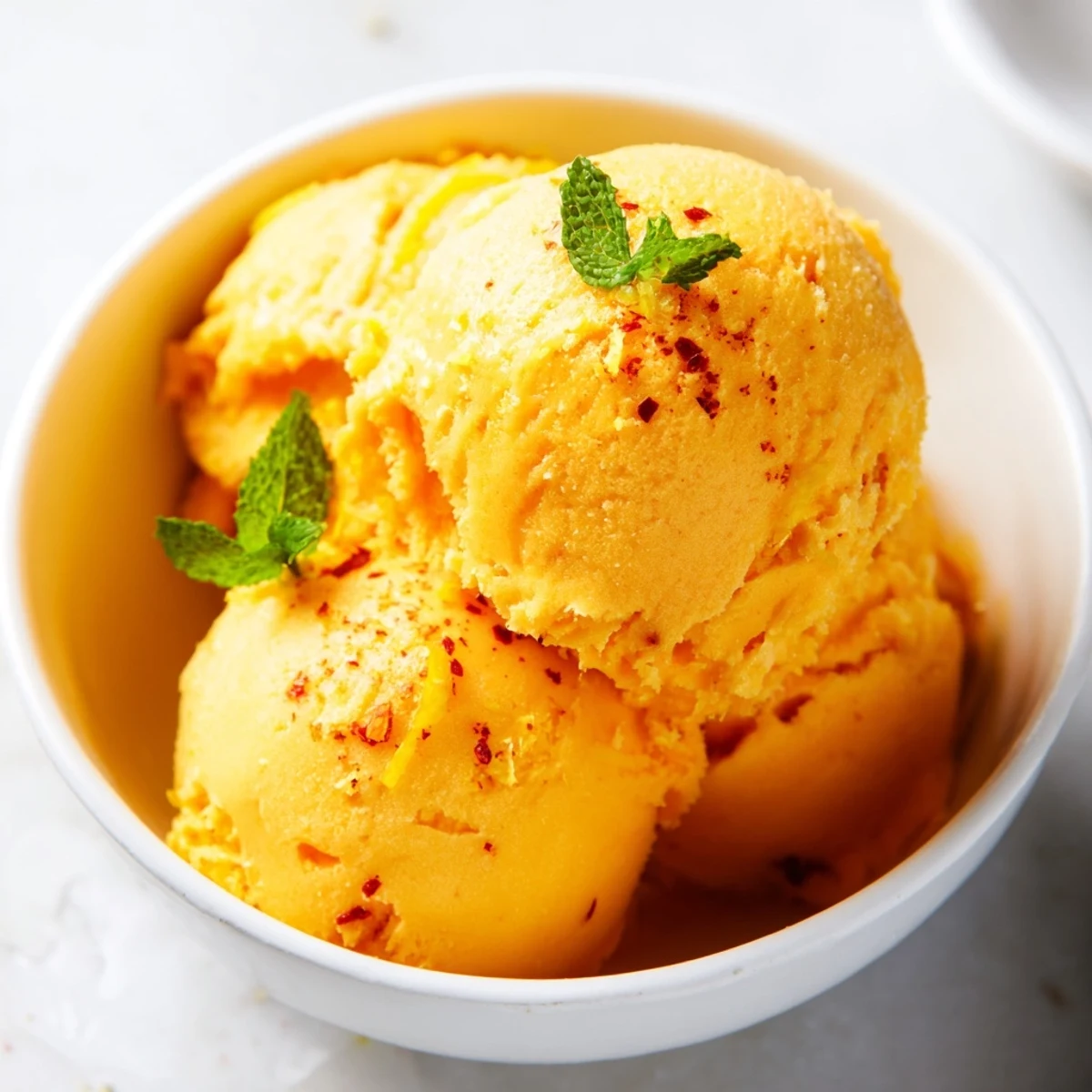 Creamy chili lime mango sorbet scooped into golden bowls with fresh lime wedges and mint garnish