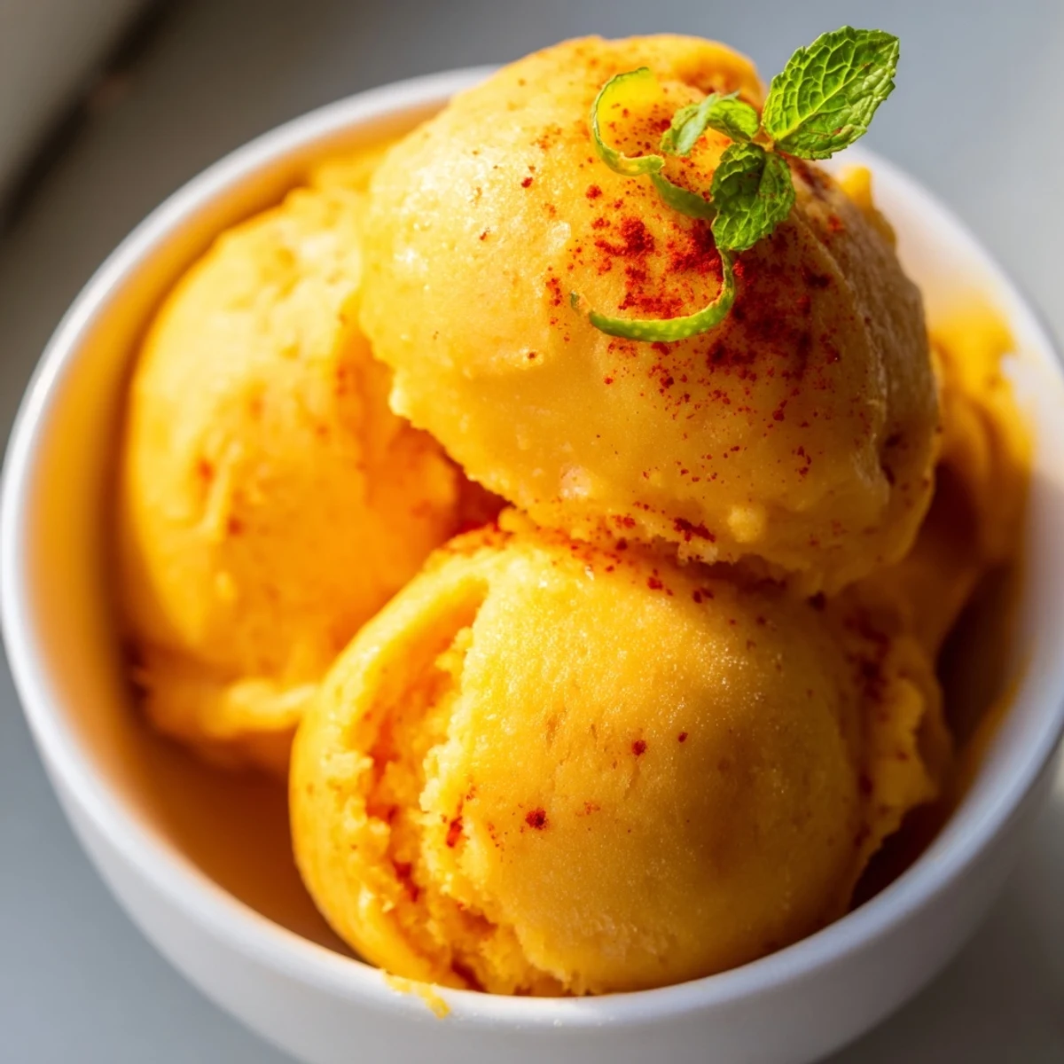 Vibrant creamy chili lime mango sorbet with a silky smooth texture, speckled with orange and yellow hues