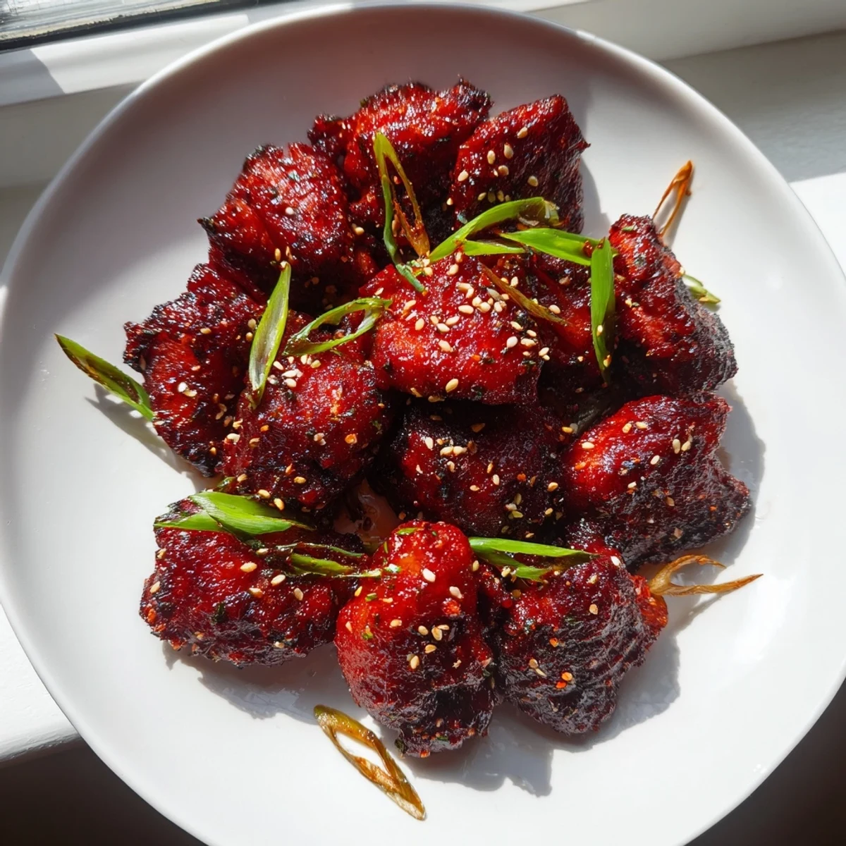 Caramelized gochujang chicken glazed in rich, sticky sauce with sesame seeds on top