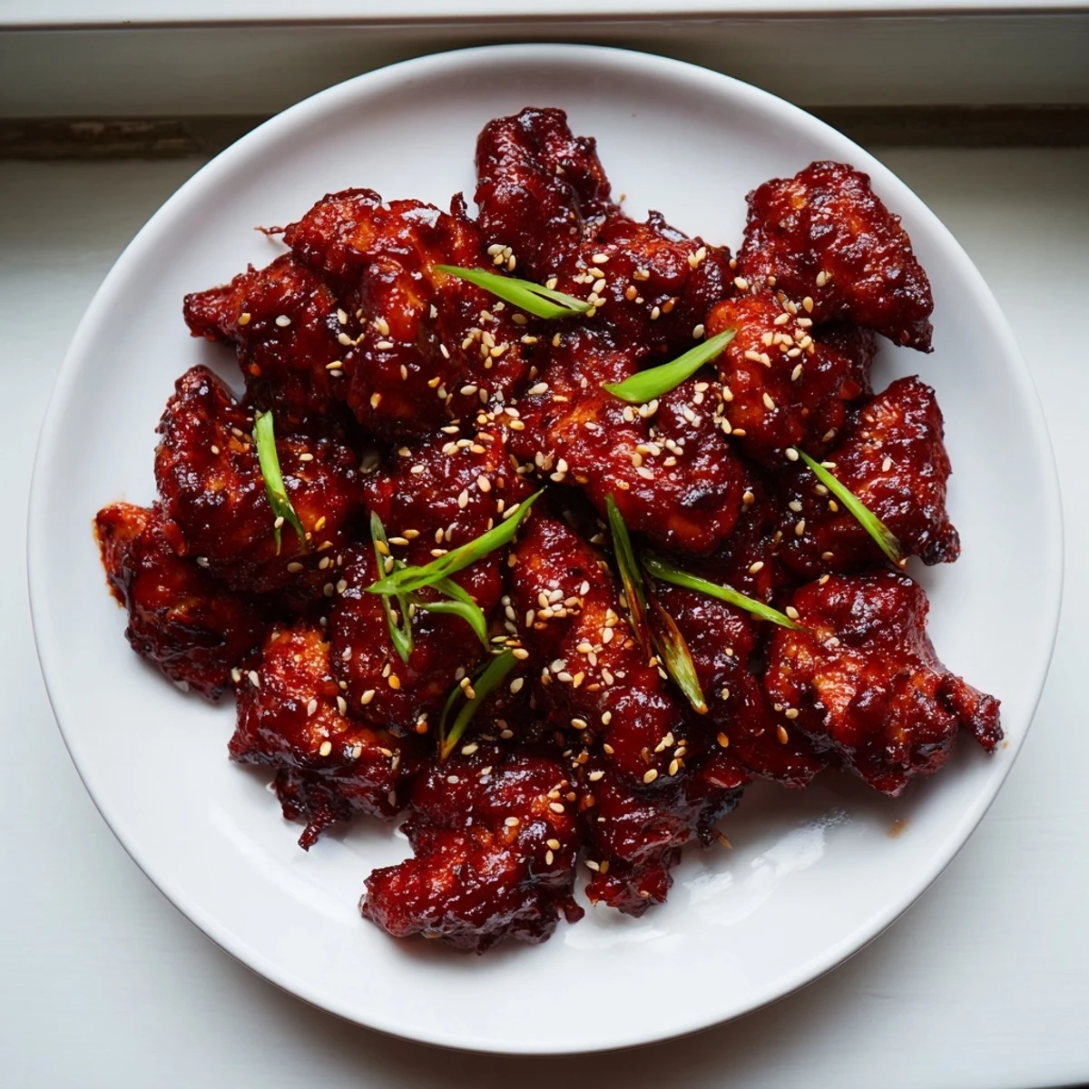 Crispy gochujang chicken pieces sizzling in a skillet coated in sweet and spicy marinade