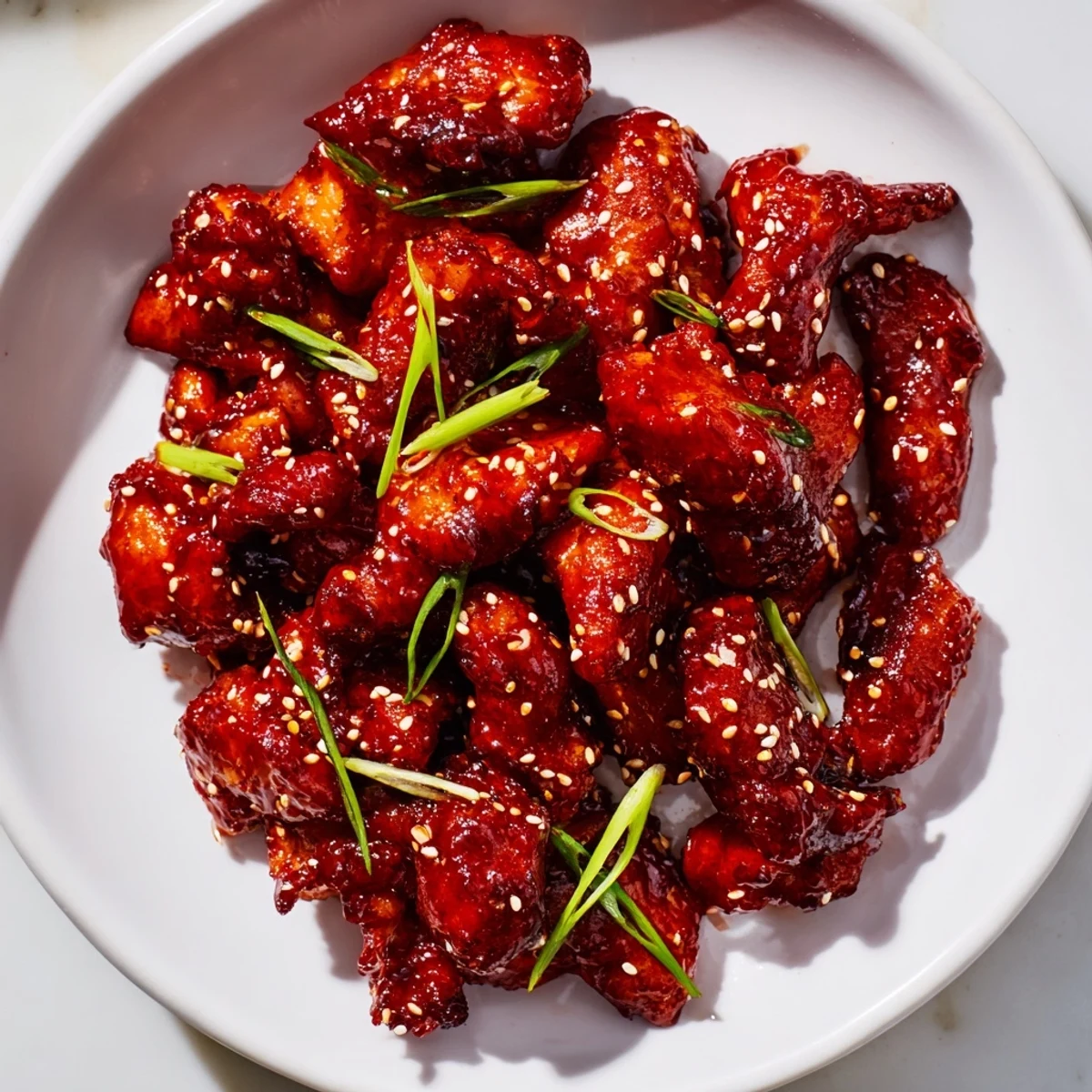 Tender gochujang chicken garnished with scallions, served hot over a bed of steamed white rice