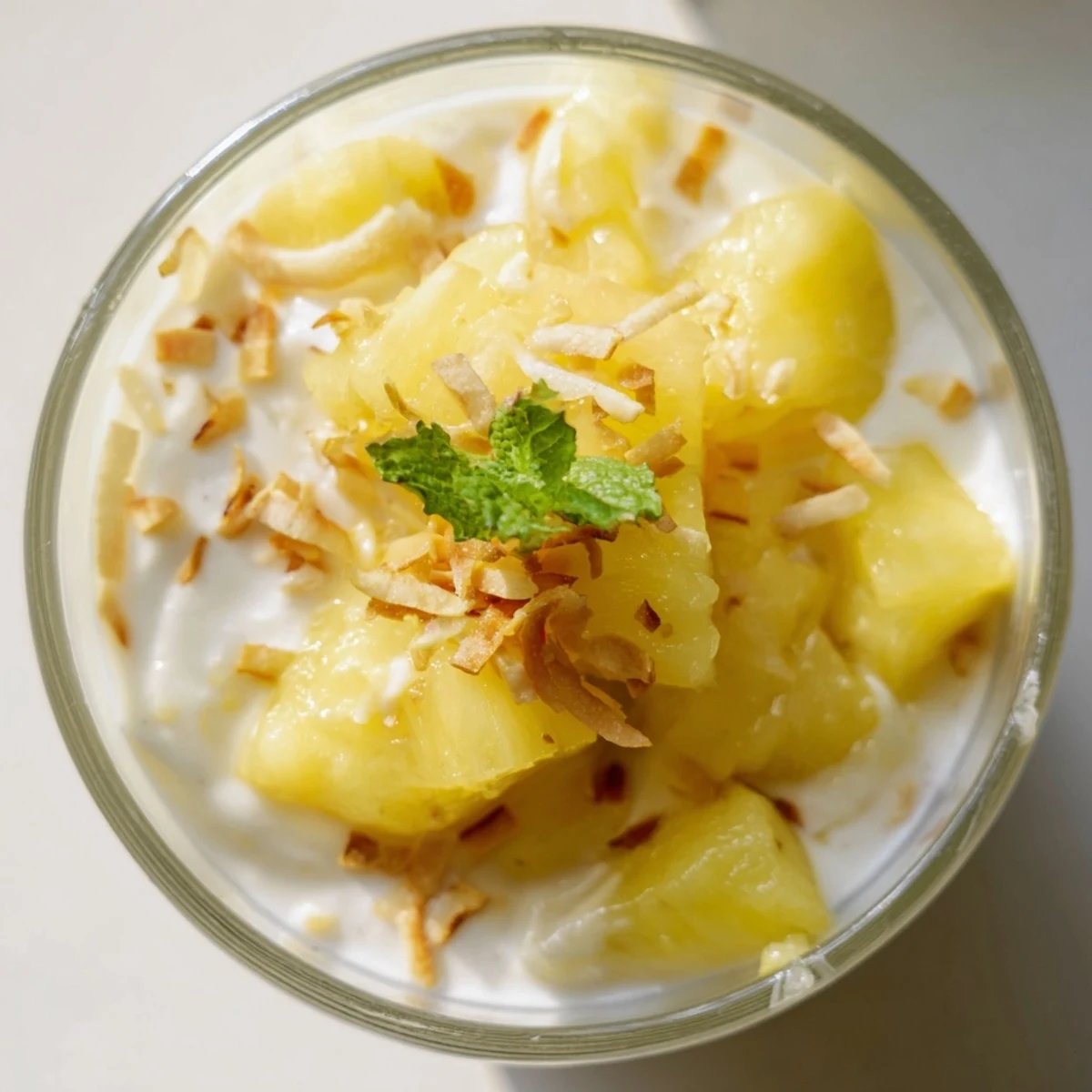 Creamy mini pineapple condensed coconut milk served over juicy golden diced pineapple chunks
