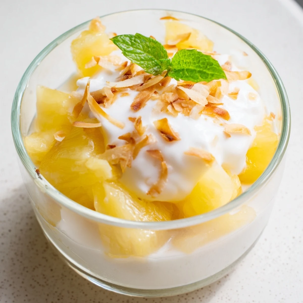 Mini pineapple condensed coconut milk desserts in small glass cups topped with toasted coconut flakes