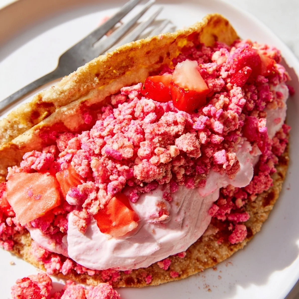 Crispy cinnamon-sugar taco shells filled with creamy strawberry crunch cheesecake tacos topped with diced berries