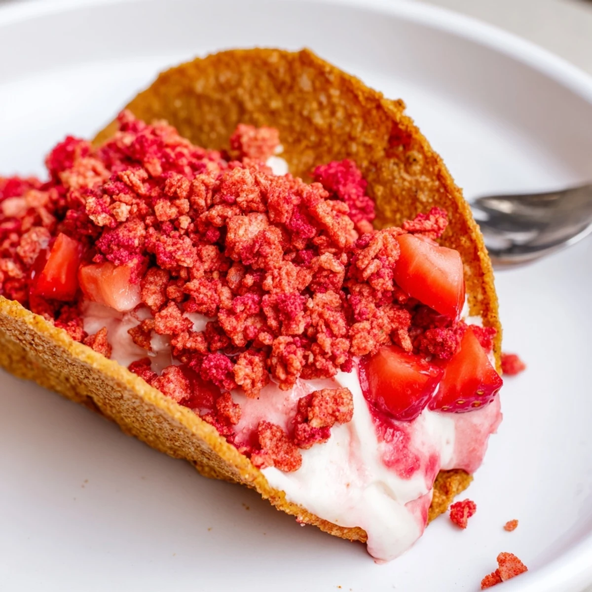 Golden baked tortilla shells overflowing with fluffy cheesecake mousse and vibrant strawberry crunch topping