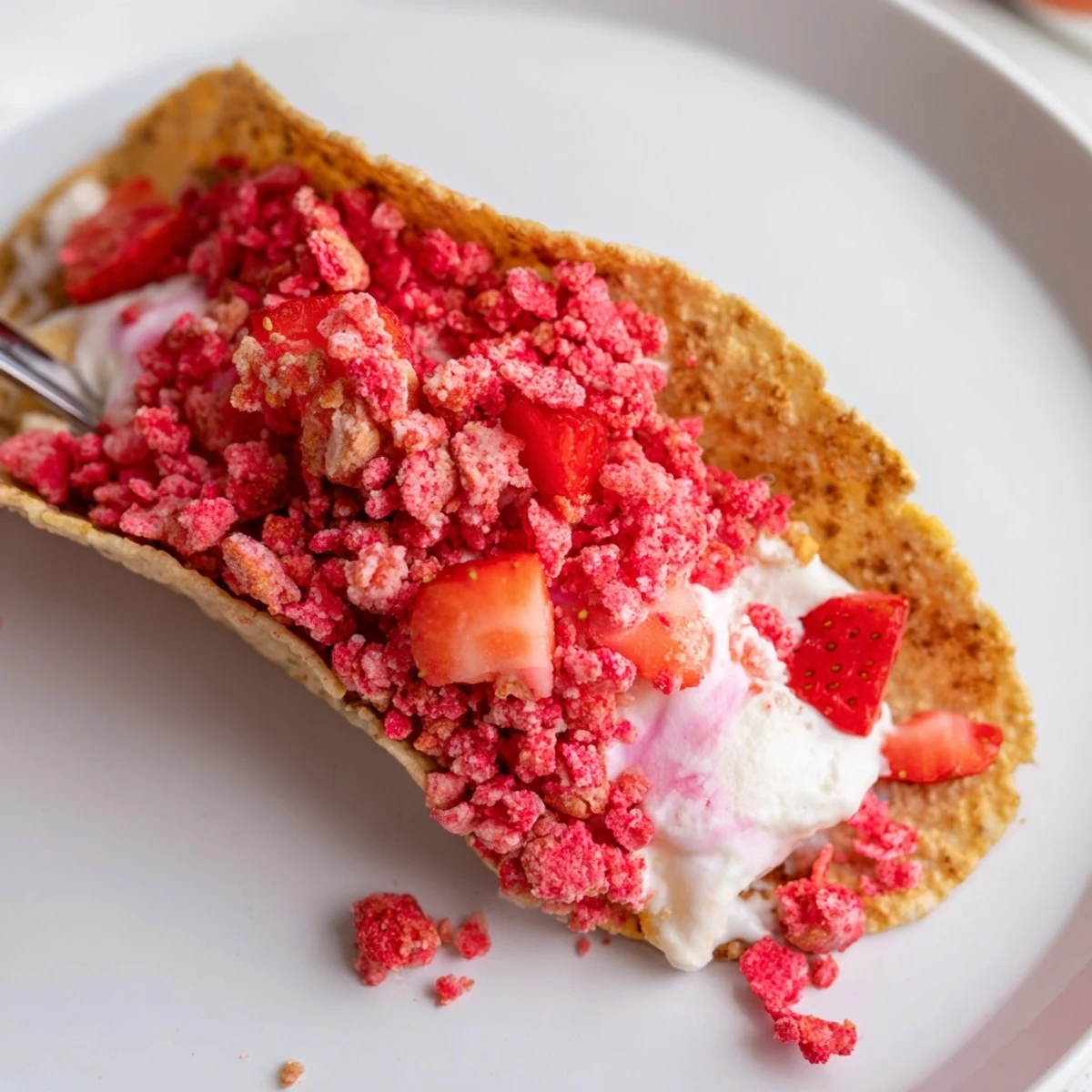 Creamy no-bake strawberry crunch cheesecake tacos garnished with fresh diced strawberries on a rustic plate