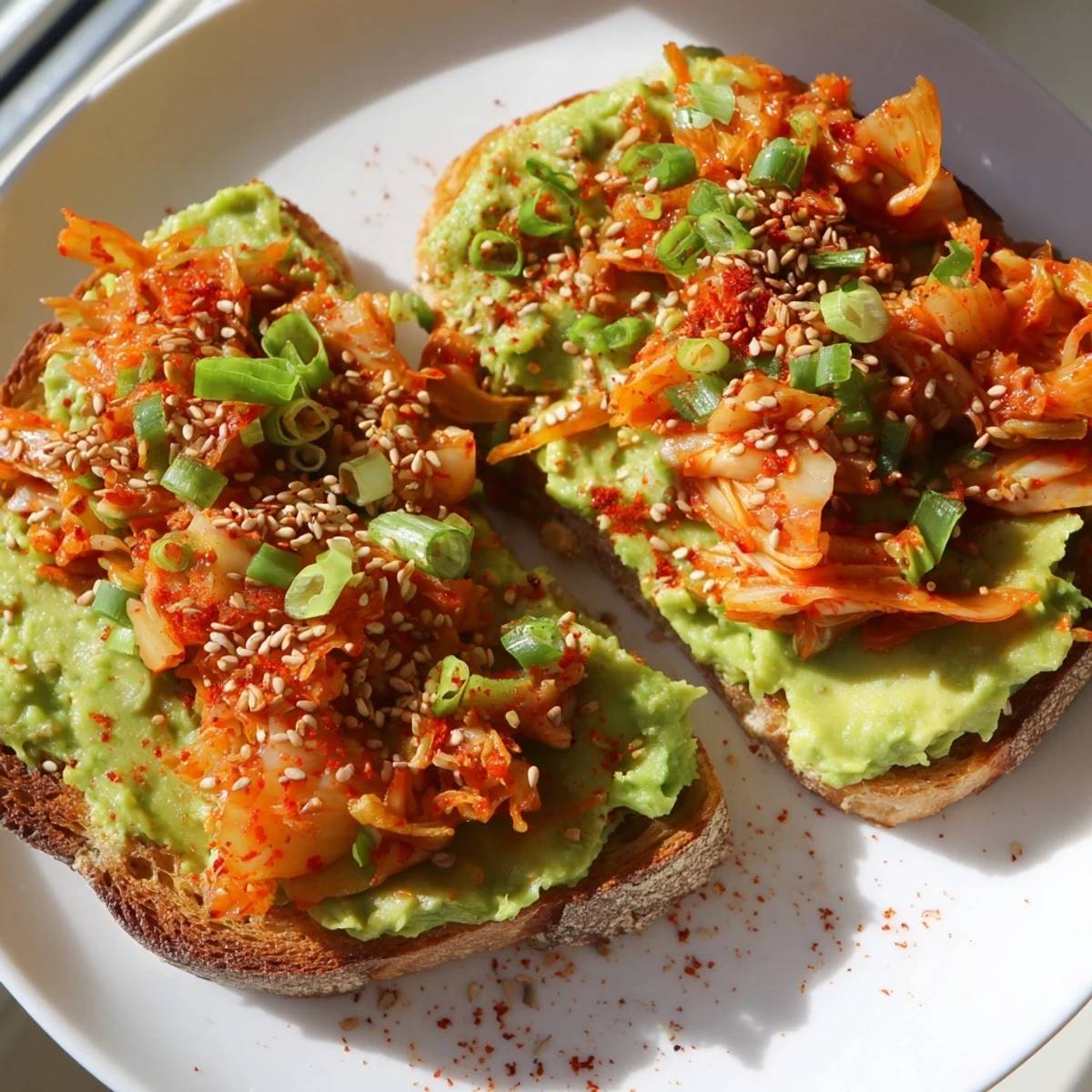 Creamy kimchi avocado toast topped with sesame seeds on crispy golden sourdough