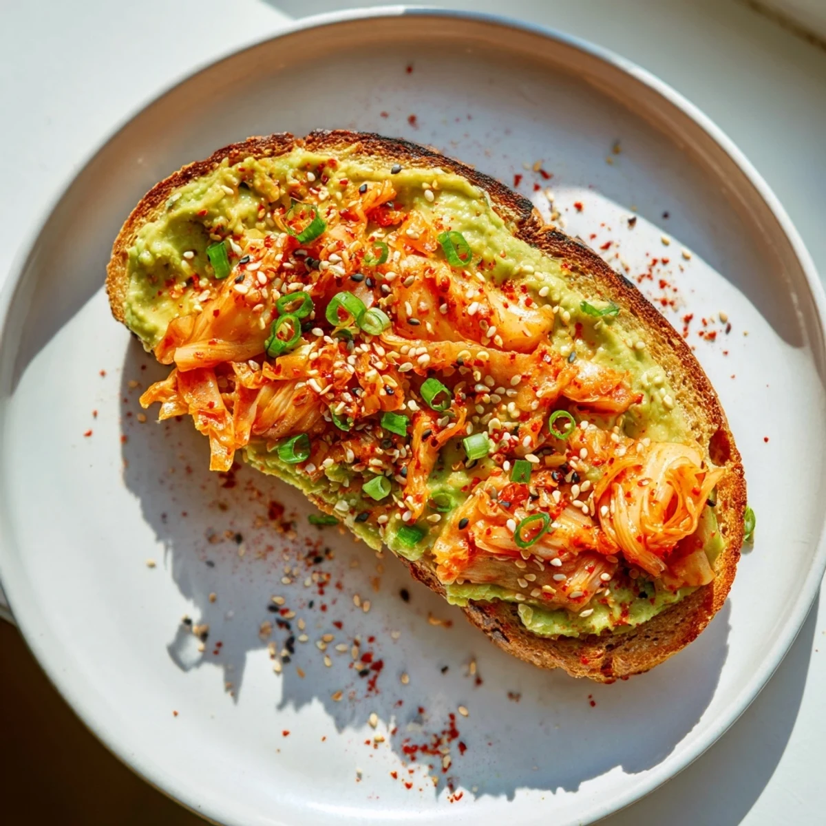 Spicy tangy kimchi piled over smooth avocado spread on toasted rustic bread