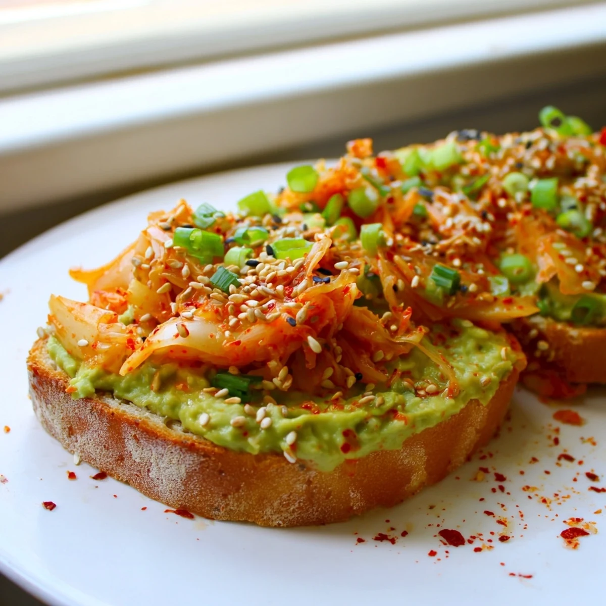 Vibrant kimchi avocado toast with zesty lime and fresh green onion garnish
