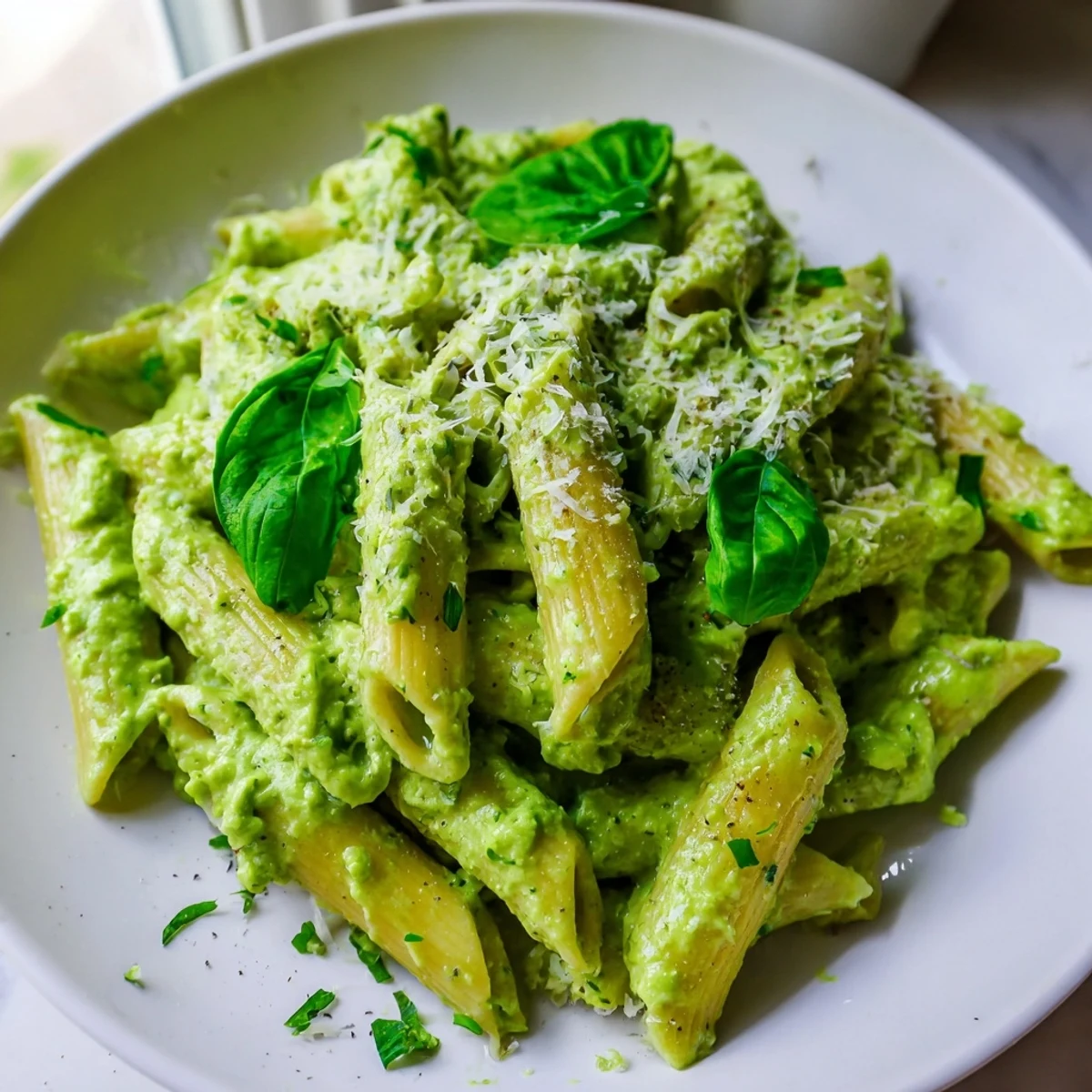 Vibrant green goddess pasta sauce blended with basil, parsley, and tangy lemon