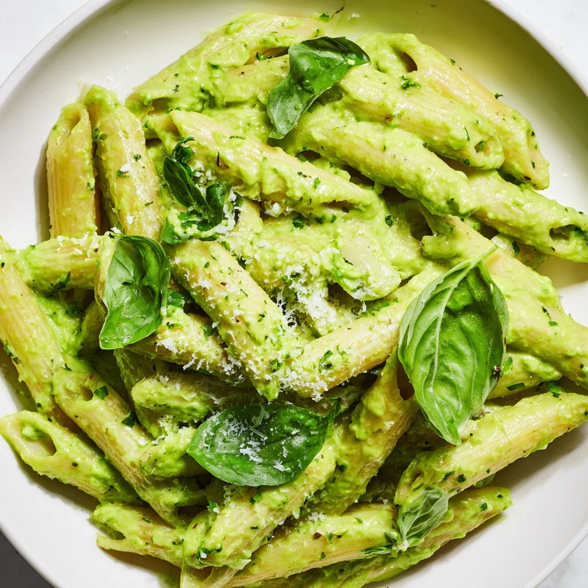 Silky green goddess pasta sauce tossed with spaghetti and sprinkled with Parmesan