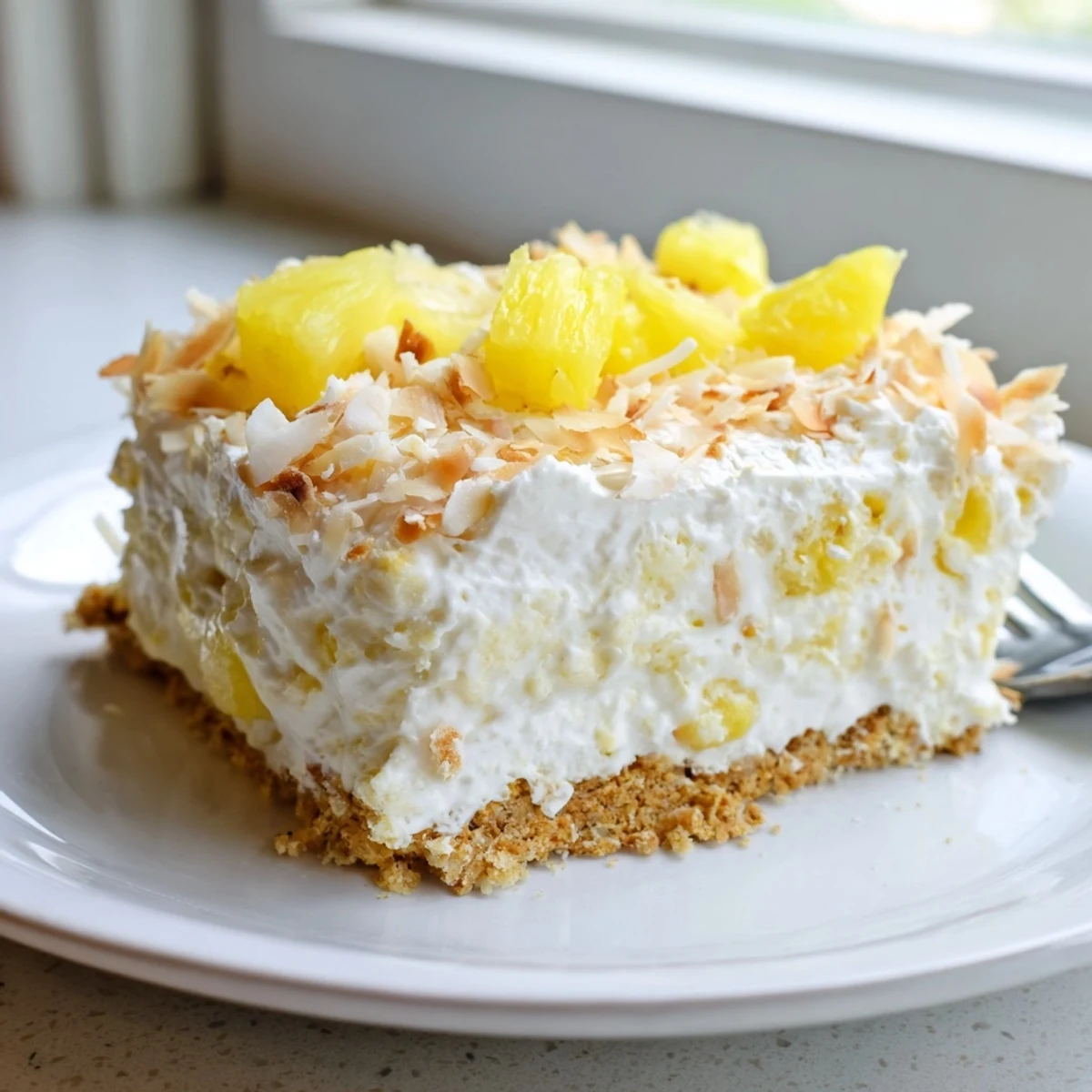 No bake pineapple coconut cream cake with a thick graham cracker crust and pineapple garnish