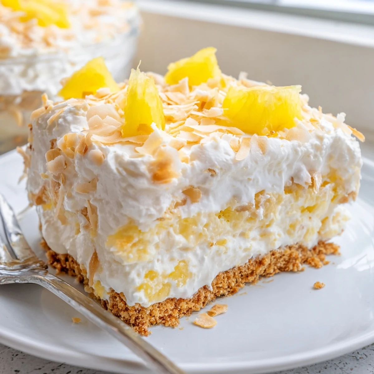 Creamy no bake pineapple coconut cream cake slice topped with golden toasted coconut flakes