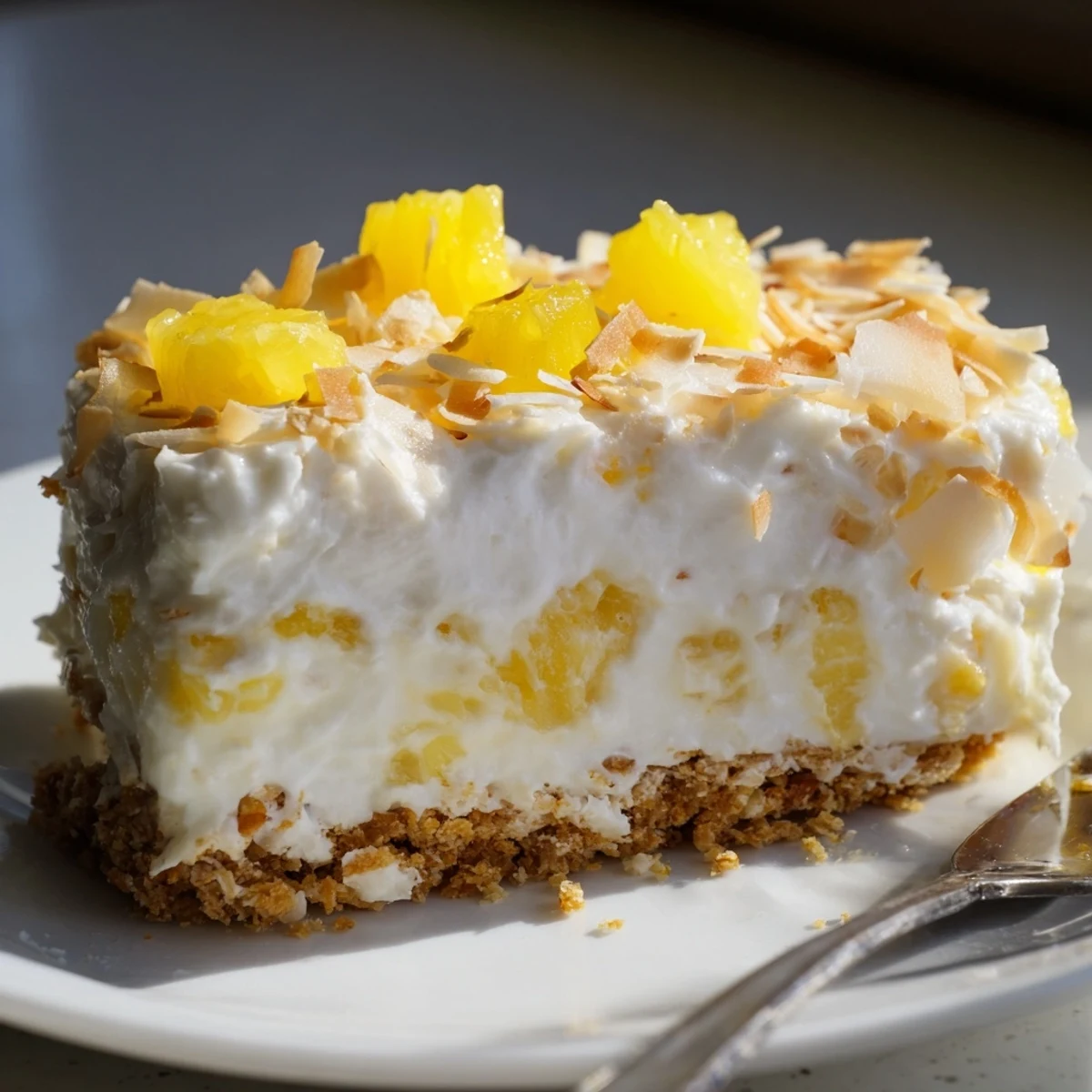 Chilled no bake pineapple coconut cream cake filling piled high on a buttery cookie base