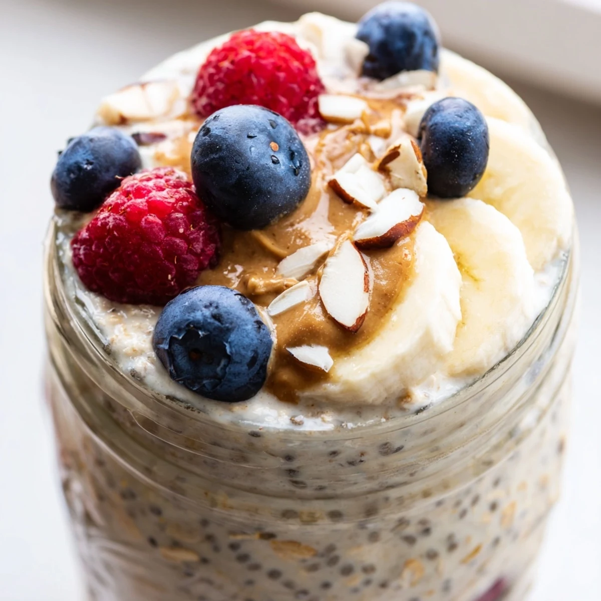 Creamy protein overnight oats topped with fresh berries in a glass jar