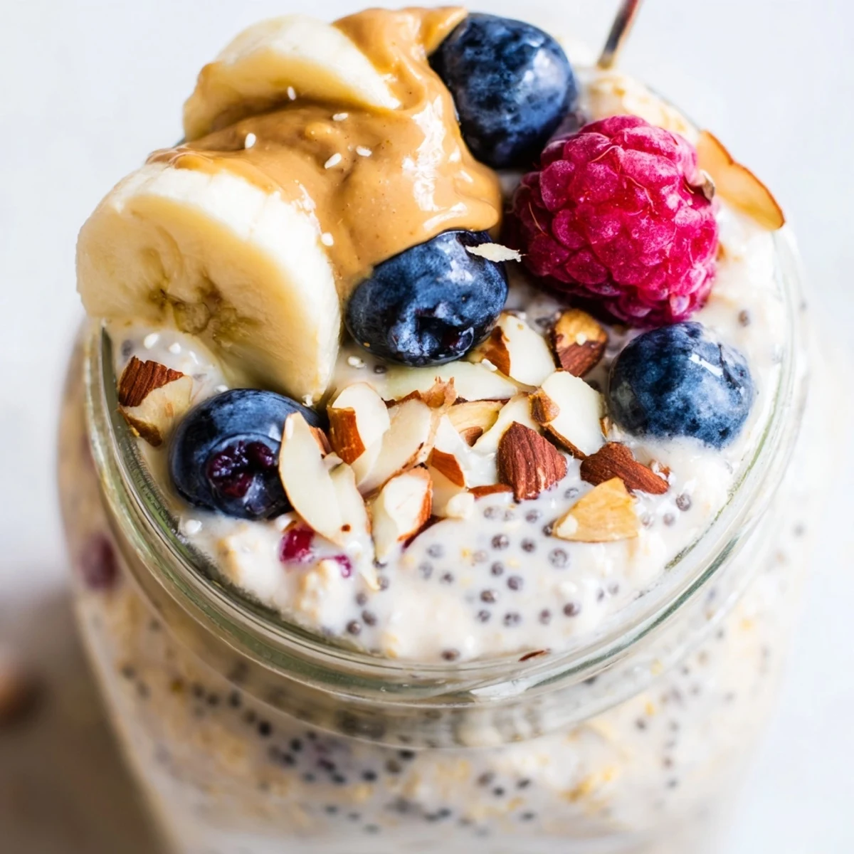 Thick protein overnight oats layered with banana slices and nut butter