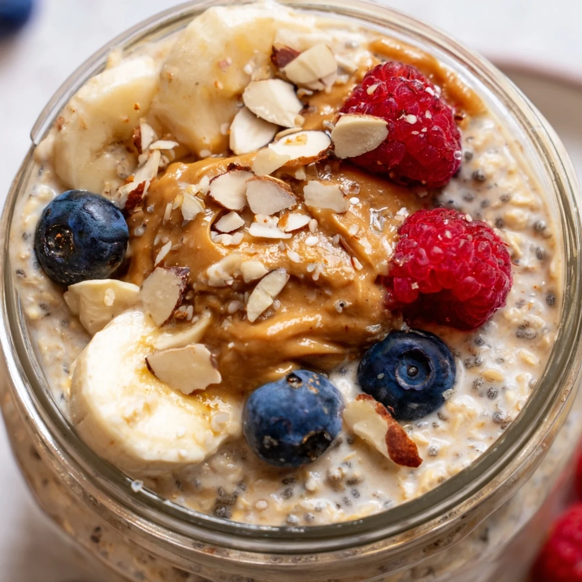 Spoon dipping into rich protein overnight oats garnished with chopped nuts