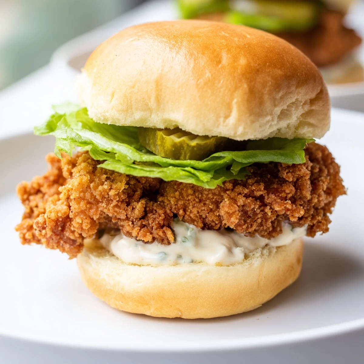 Golden crispy pickle brined fried chicken sliders stacked on soft buns with pickles and lettuce