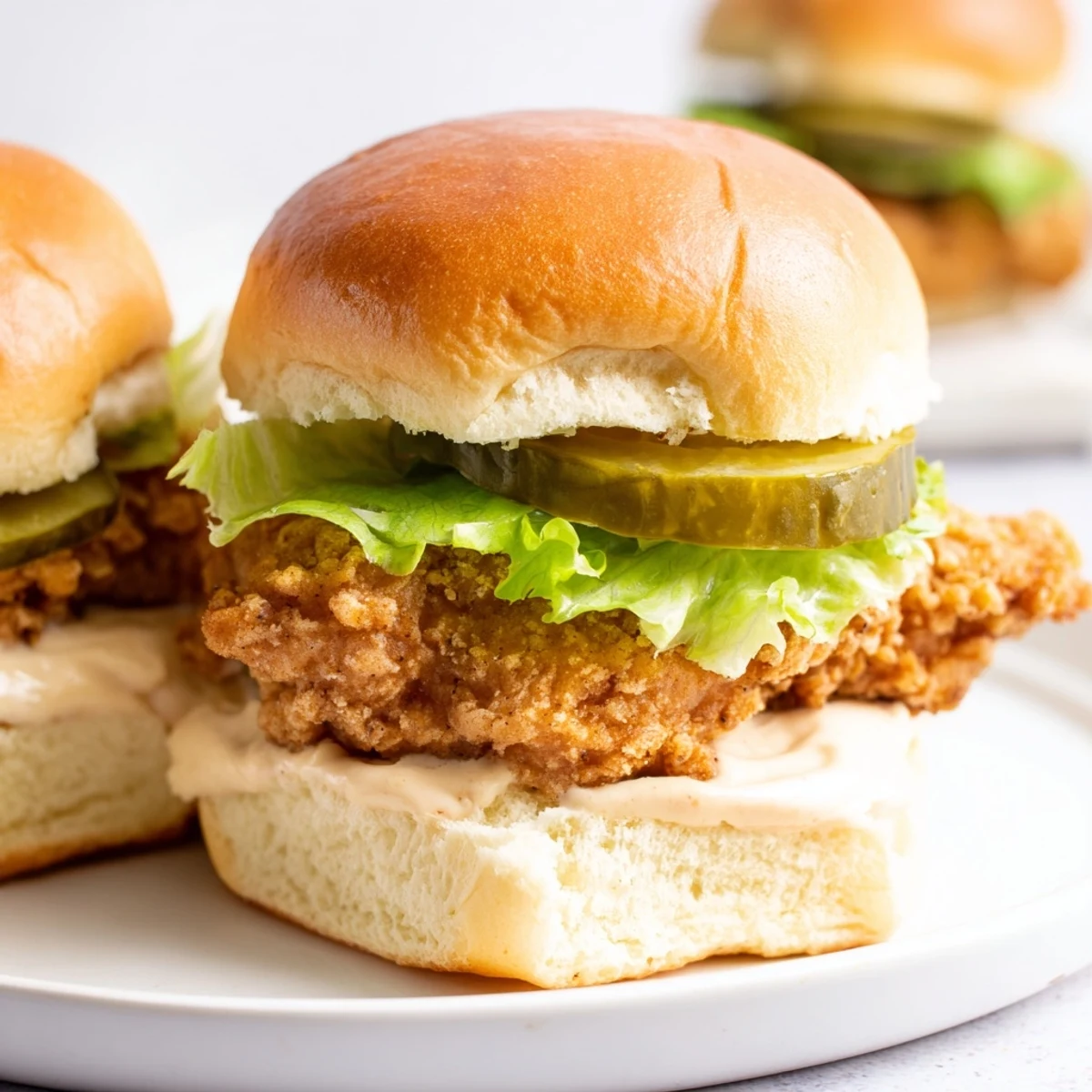 Close-up of pickle brined fried chicken sliders showing crunchy golden breading on pillowy slider buns