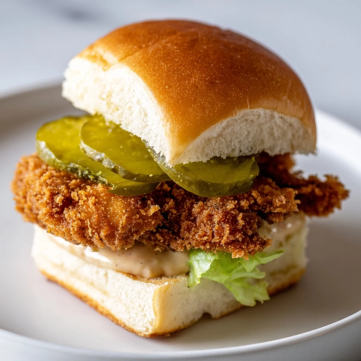 Crispy pickle brined fried chicken sliders drizzled with tangy mustard mayo on toasted mini buns