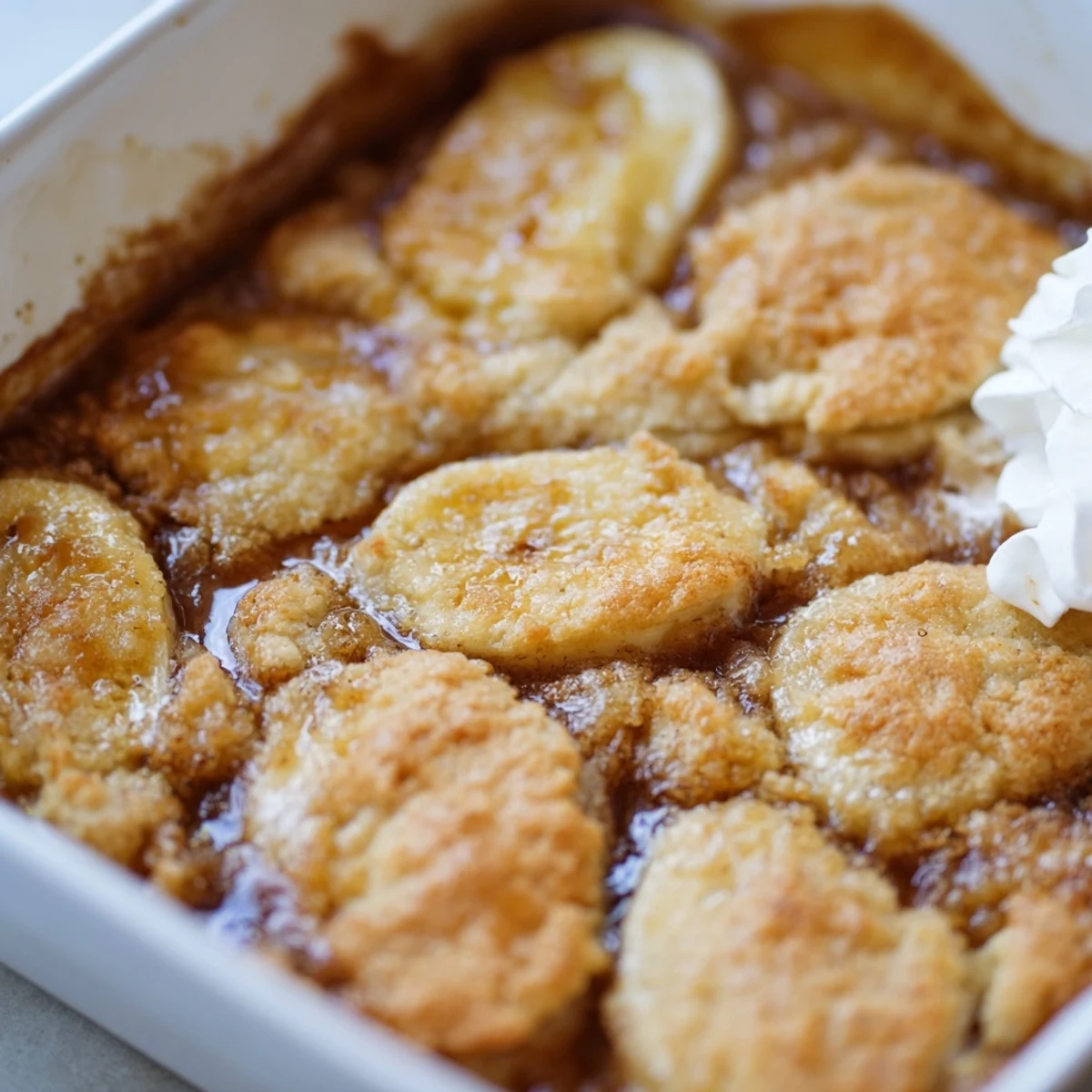 Golden Southern banana cobbler fresh from the oven with bubbling caramelized fruit