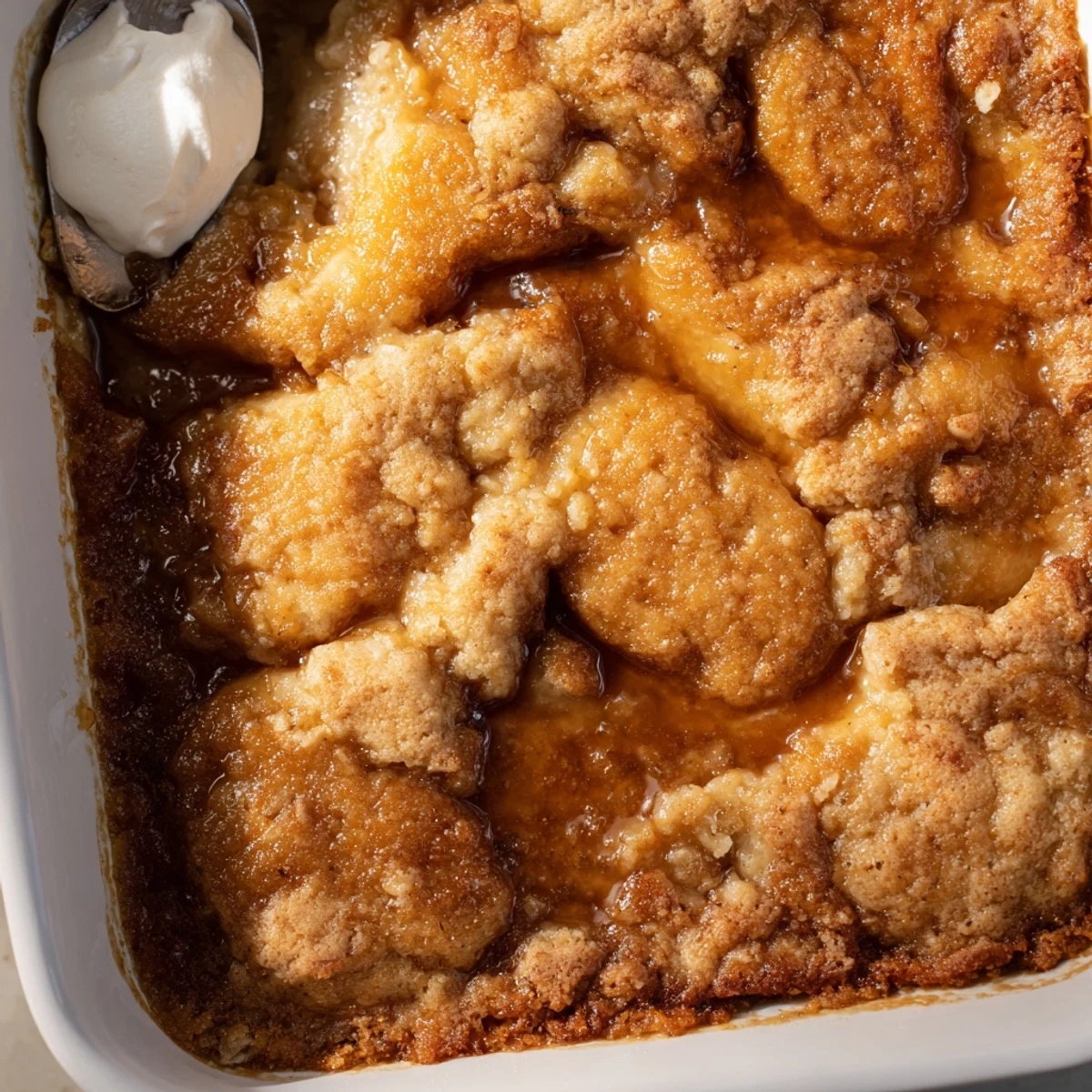 Warm Southern banana cobbler topped with a melting scoop of vanilla ice cream