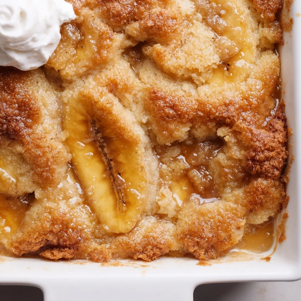 Rustic Southern banana cobbler with crispy buttery crust over sweet cinnamon-spiced bananas
