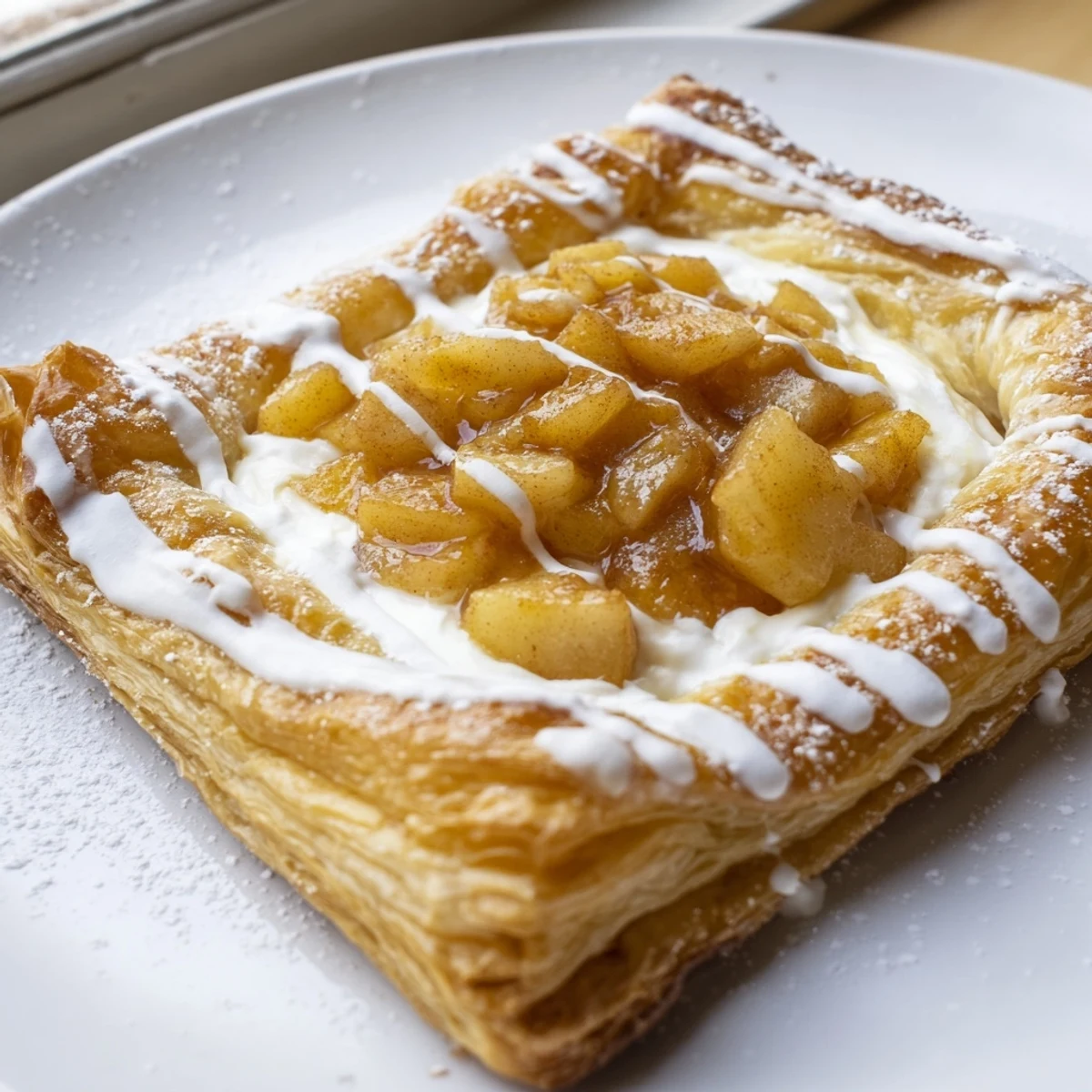 Warm apple cheese danishes topped with creamy filling and powdered sugar drizzle