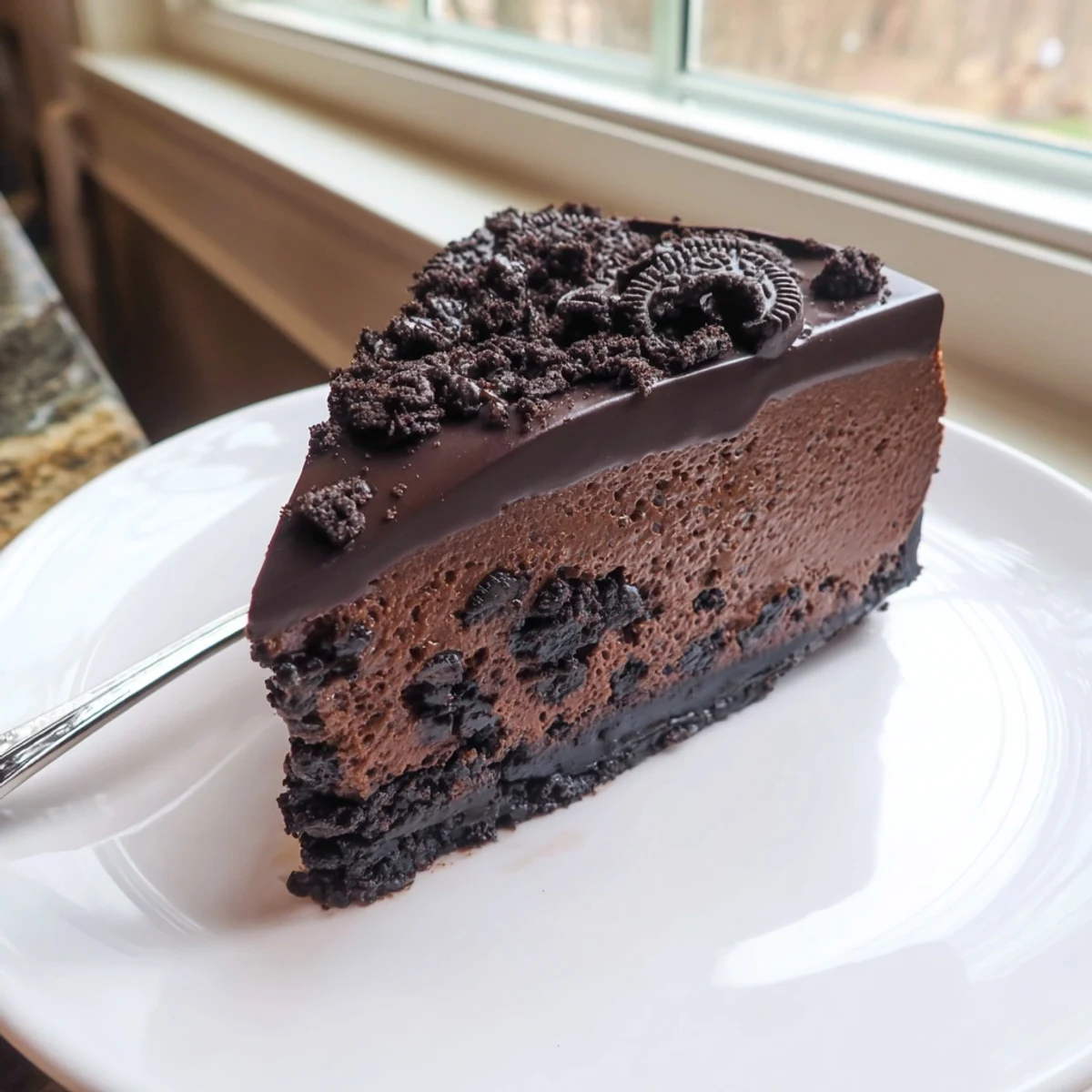 Creamy Oreo chocolate cheesecake sliced thick with glossy ganache dripping over the edges