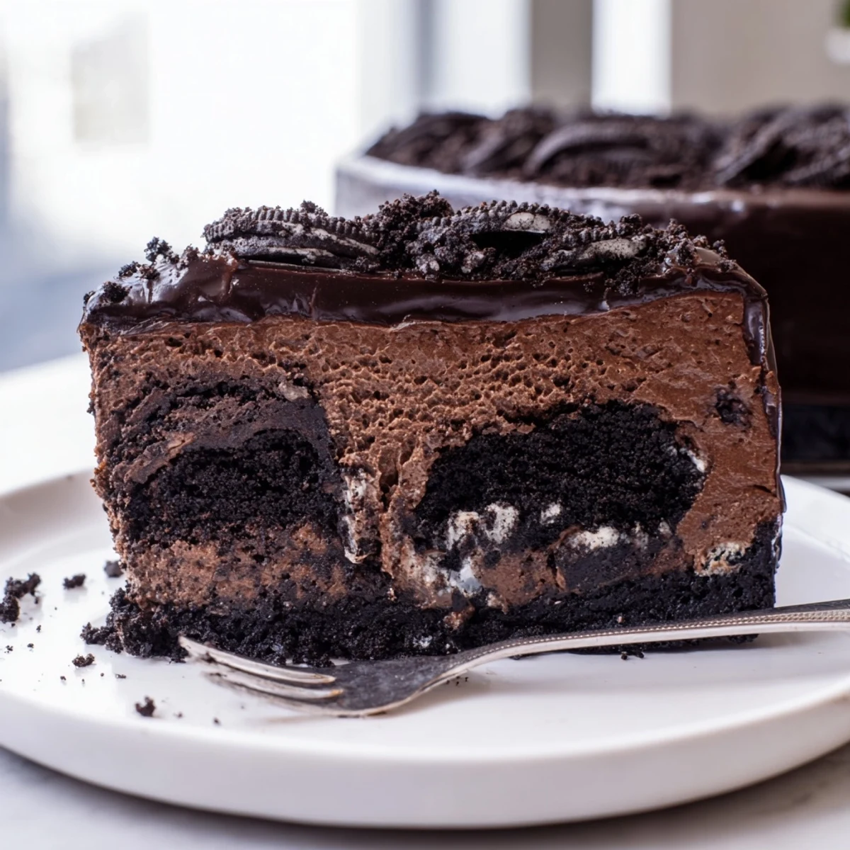 Oreo chocolate cheesecake topped with crushed cookies and rich dark chocolate ganache drizzle