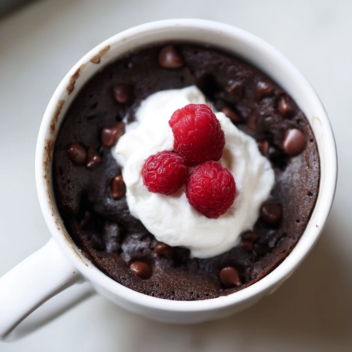Warm gluten free chocolate mug cake topped with a dollop of whipped cream