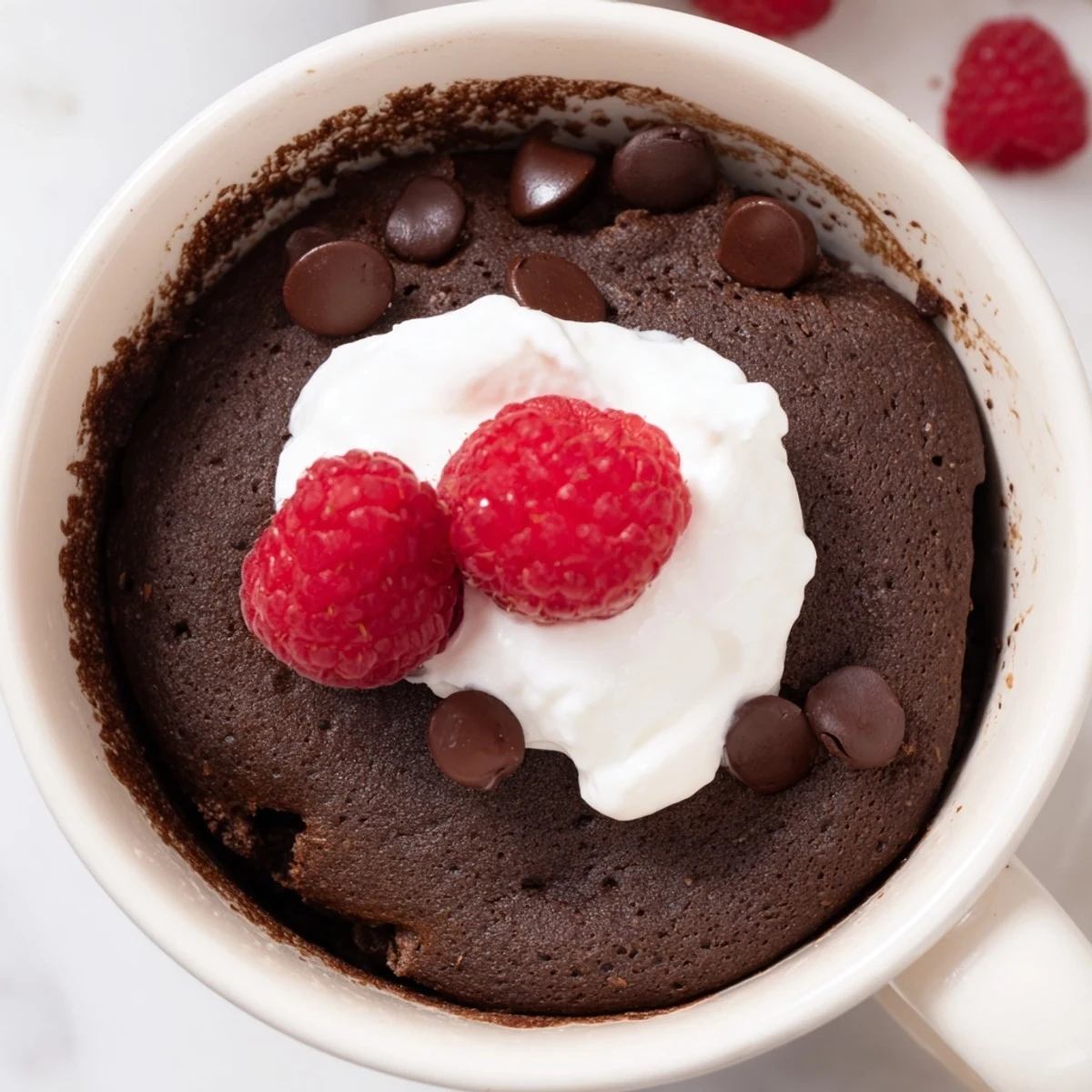Gooey gluten free chocolate mug cake studded with melted chocolate chips inside