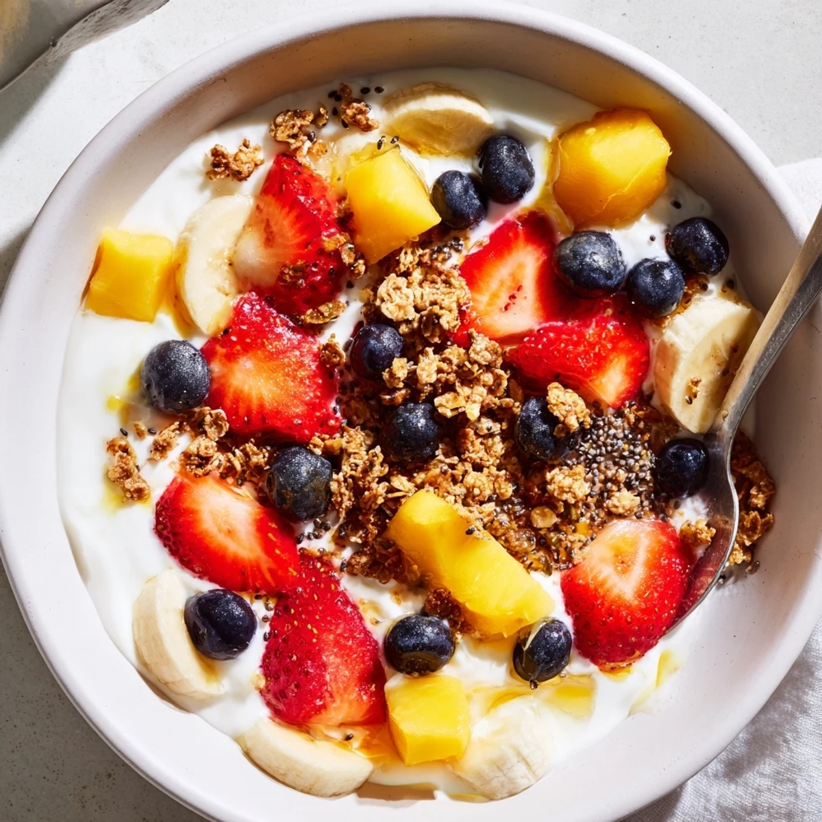 Creamy yogurt fruit bowl topped with fresh strawberries, blueberries, and crunchy granola