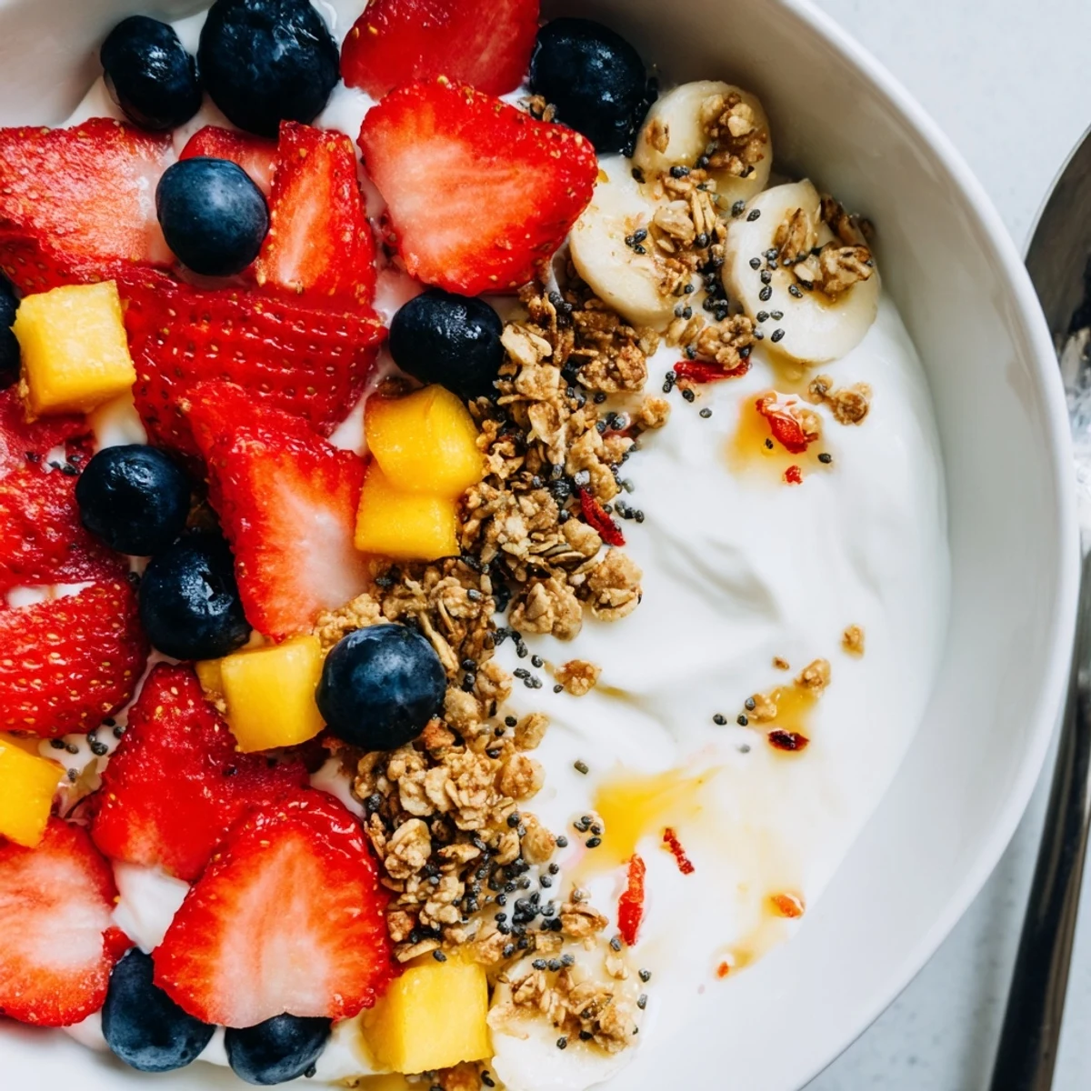 Vibrant yogurt fruit bowl drizzled with honey and sprinkled with chia seeds