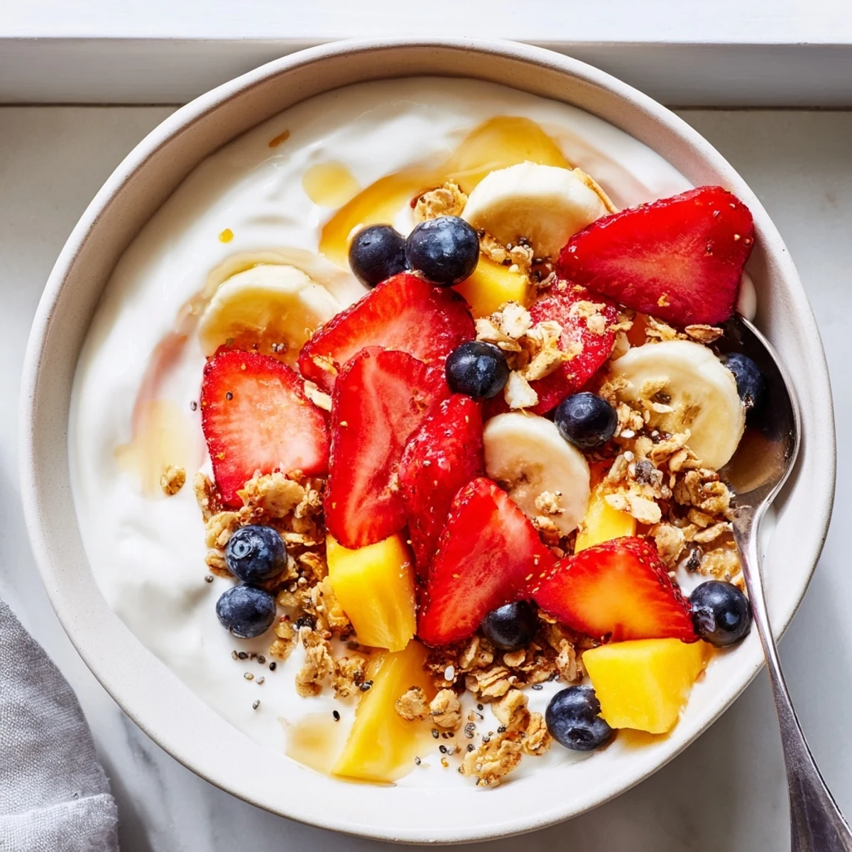 Thick Greek yogurt fruit bowl bursting with ripe mango, banana, and colorful berries