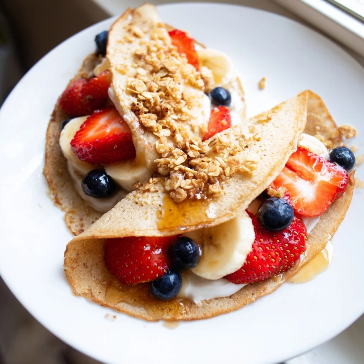 Fluffy pancake tacos filled with fresh strawberries and drizzled maple syrup on a plate