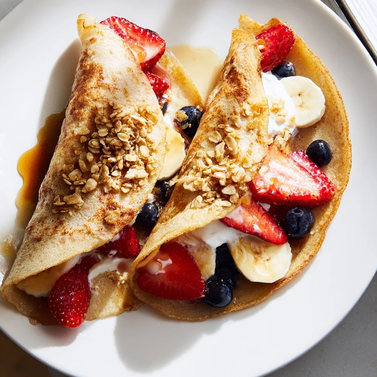 Soft pancake tacos folded around Greek yogurt and blueberries, dusted with powdered sugar