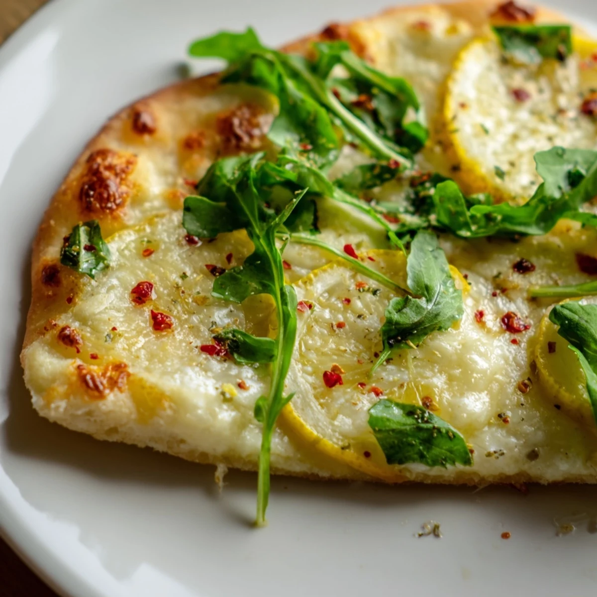 Golden-crusted zesty summer lemon pizza topped with bubbling mozzarella, arugula, and fresh basil