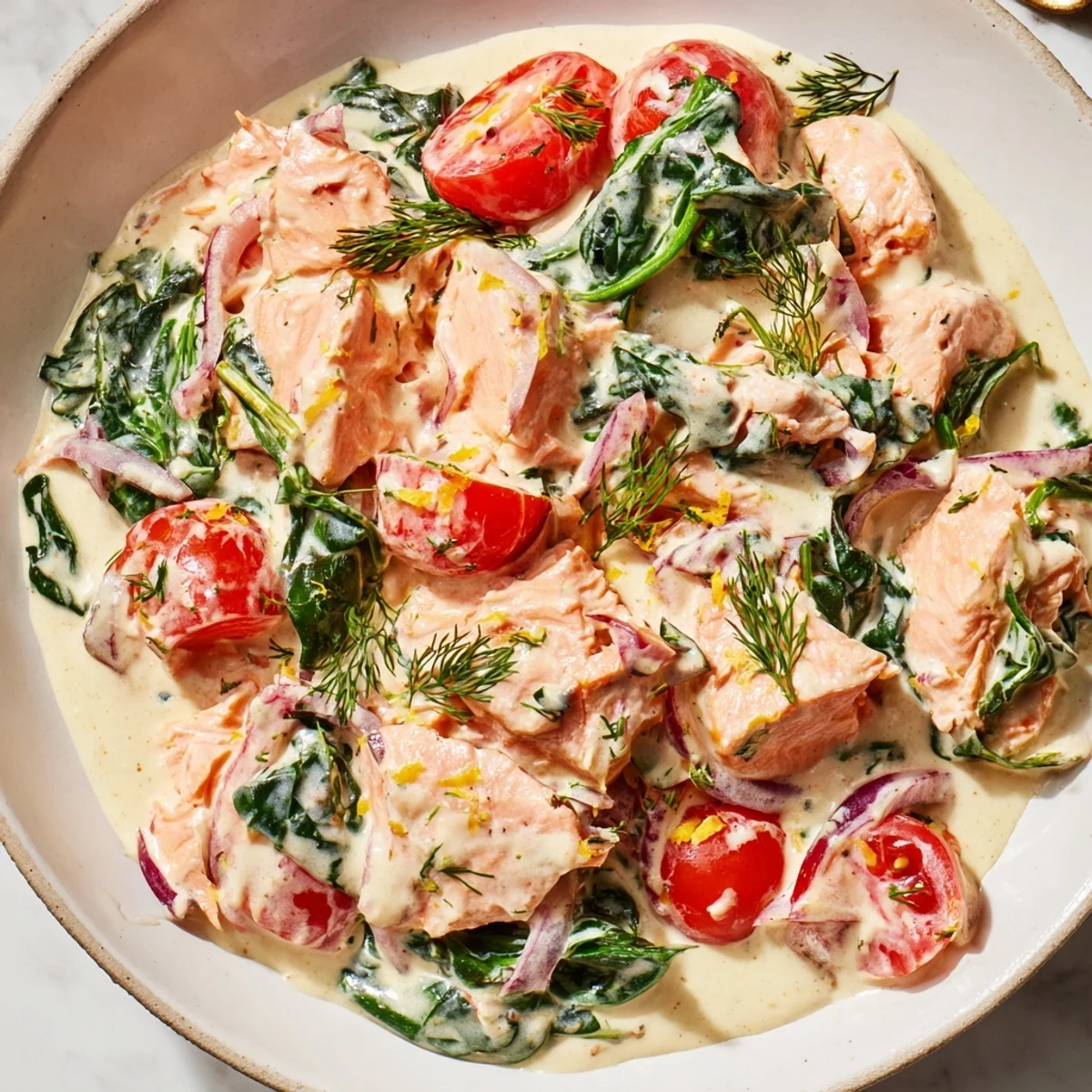 Creamy leftover salmon recipe nestled in a golden skillet with wilted spinach and cherry tomatoes