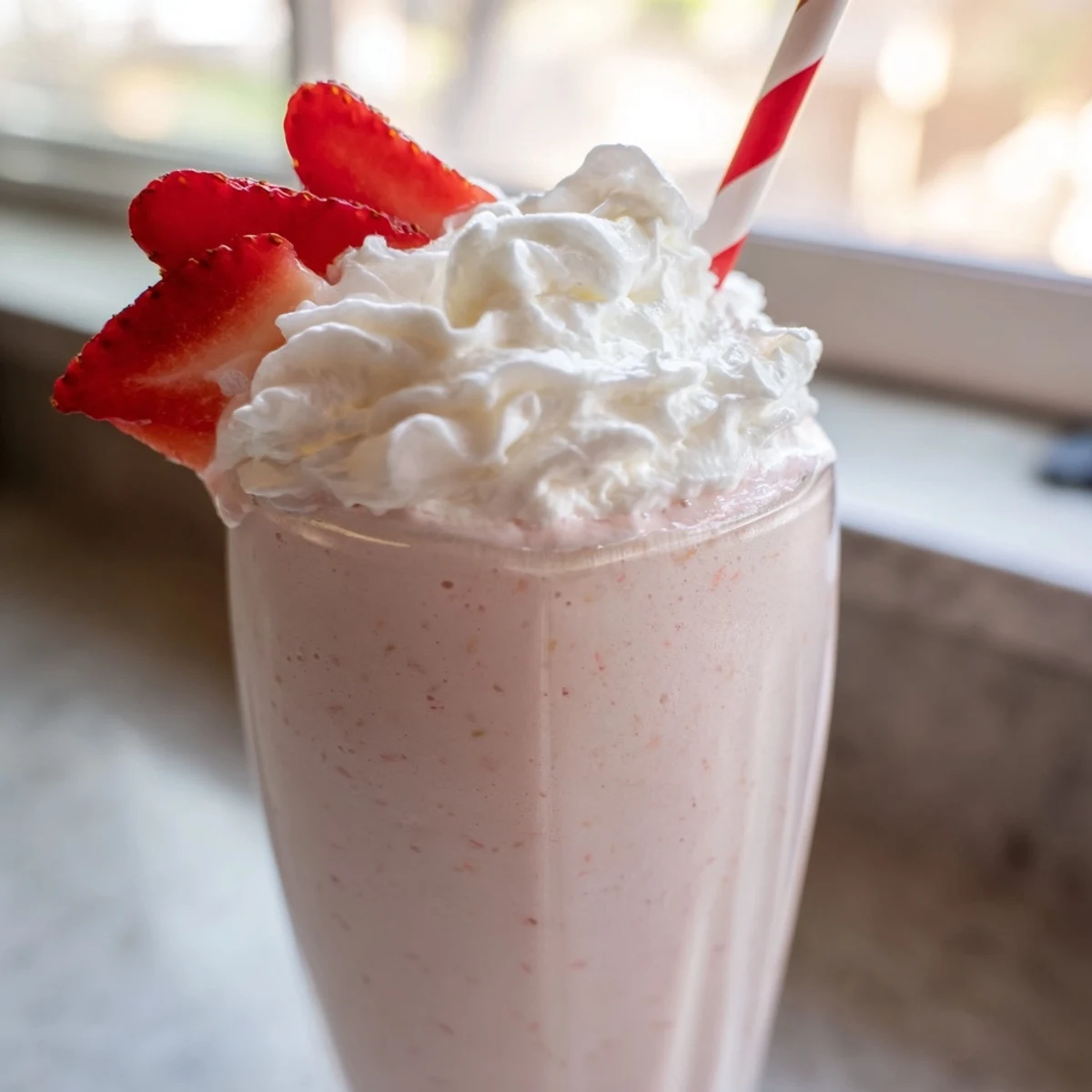Thick strawberry milkshake topped with whipped cream in a tall glass