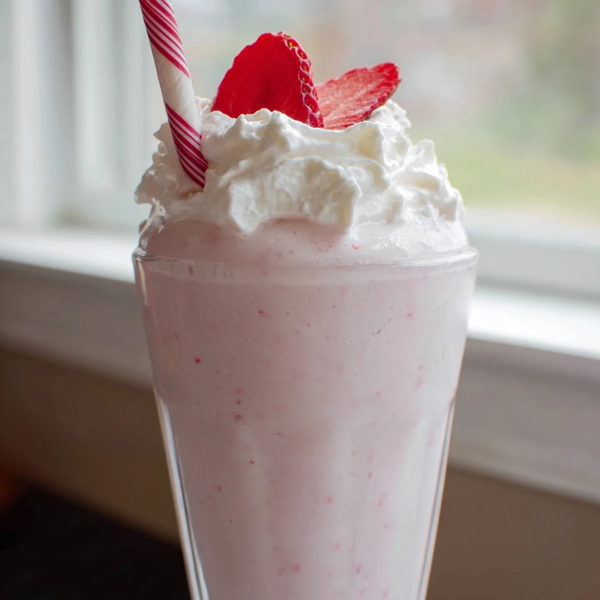 Creamy strawberry milkshake blended with ripe berries and vanilla ice cream