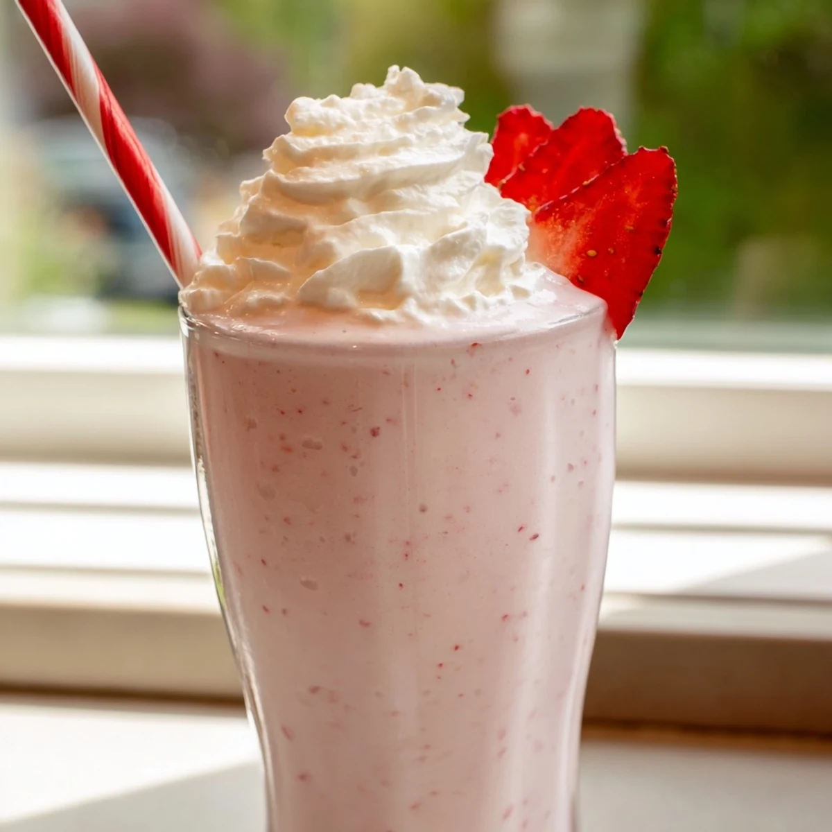 Cold strawberry milkshake served in a chilled glass with fresh strawberry garnish
