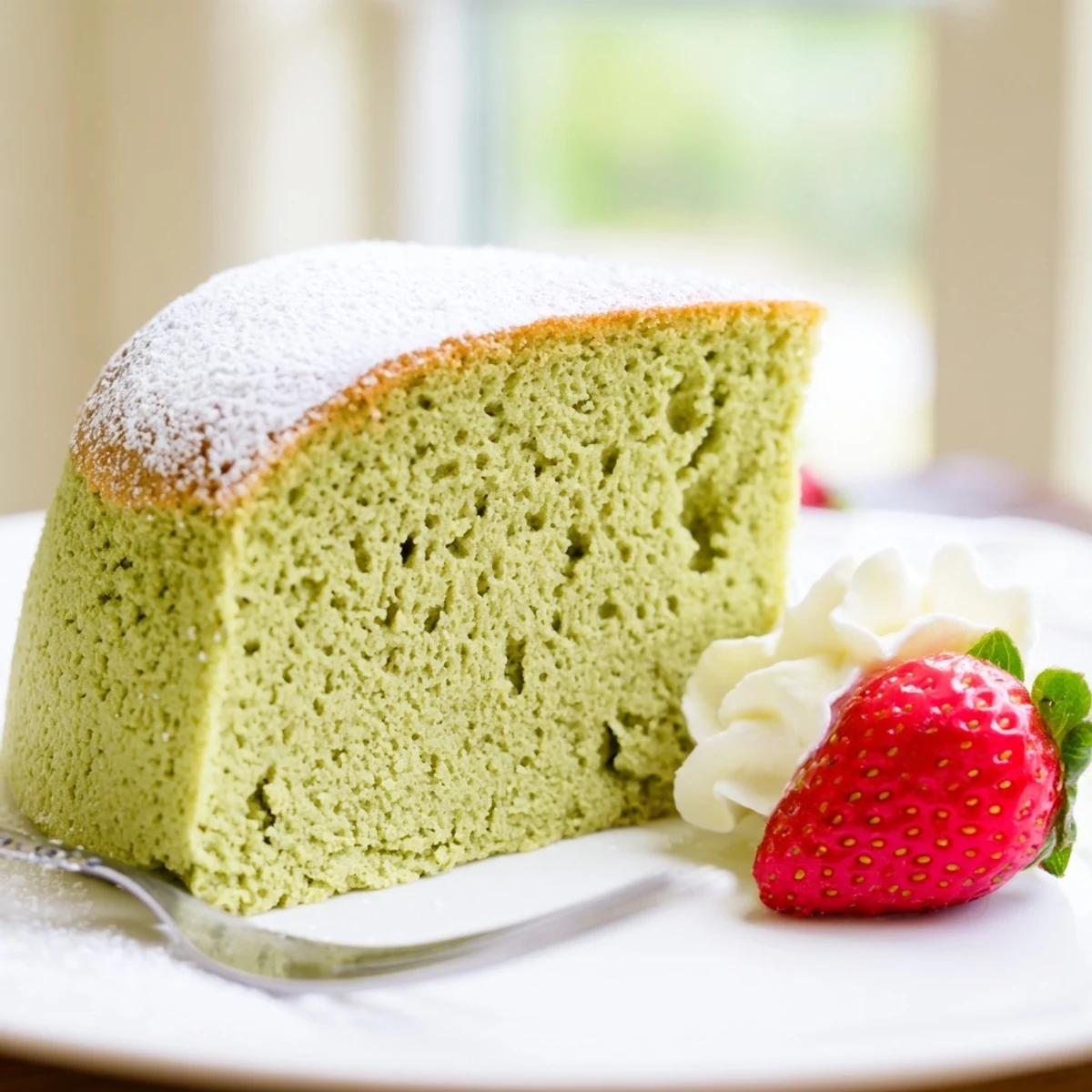 A slice of moist matcha cake dusted with powdered sugar on a white plate